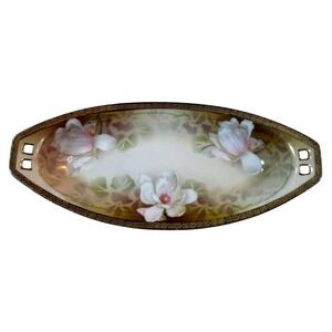 Antique RS Germany Hand Painted Magnolia Relish Trinket Dish Gold Gilt Victorian